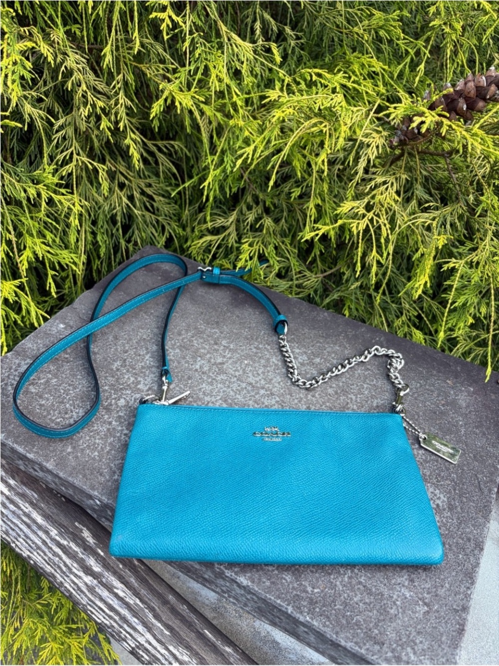 Coach Teal Blue Pebbled Leather Chain Crossbody Bag Pouch EUC - Picture 12 of 13